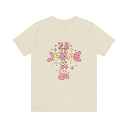 Her Adult Jersey Short Sleeve Tee - Pink "Jesus" Back Design