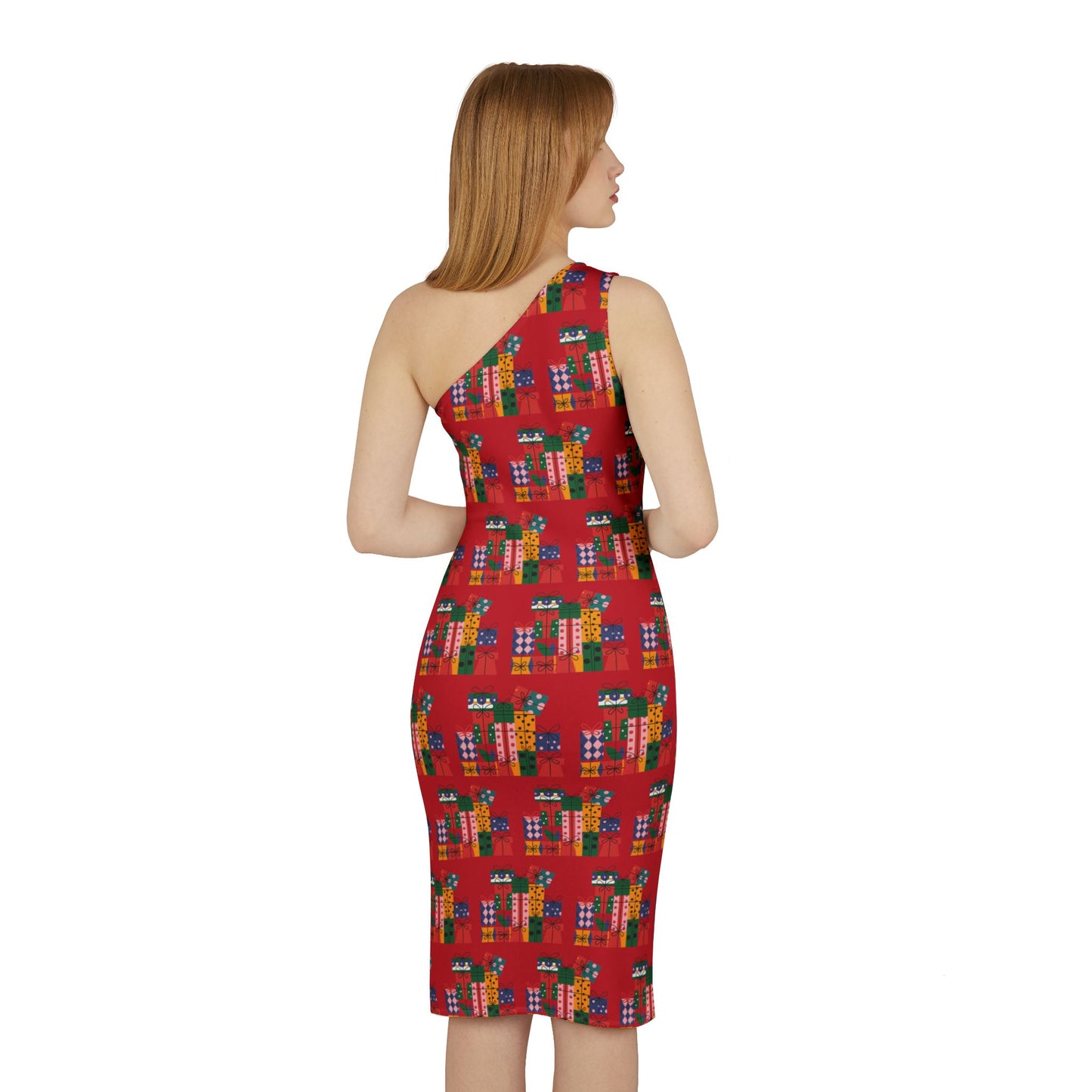 Festive Gift Print Shoulder Dress - Perfect for Holiday Celebrations