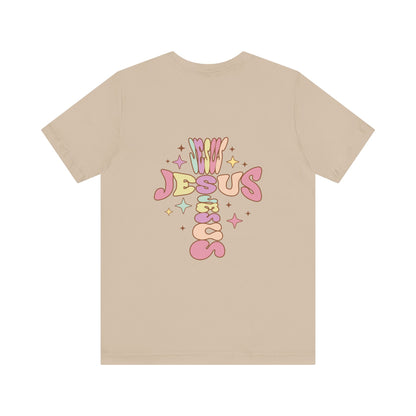 Her Adult Jersey Short Sleeve Tee - Pink "Jesus" Back Design