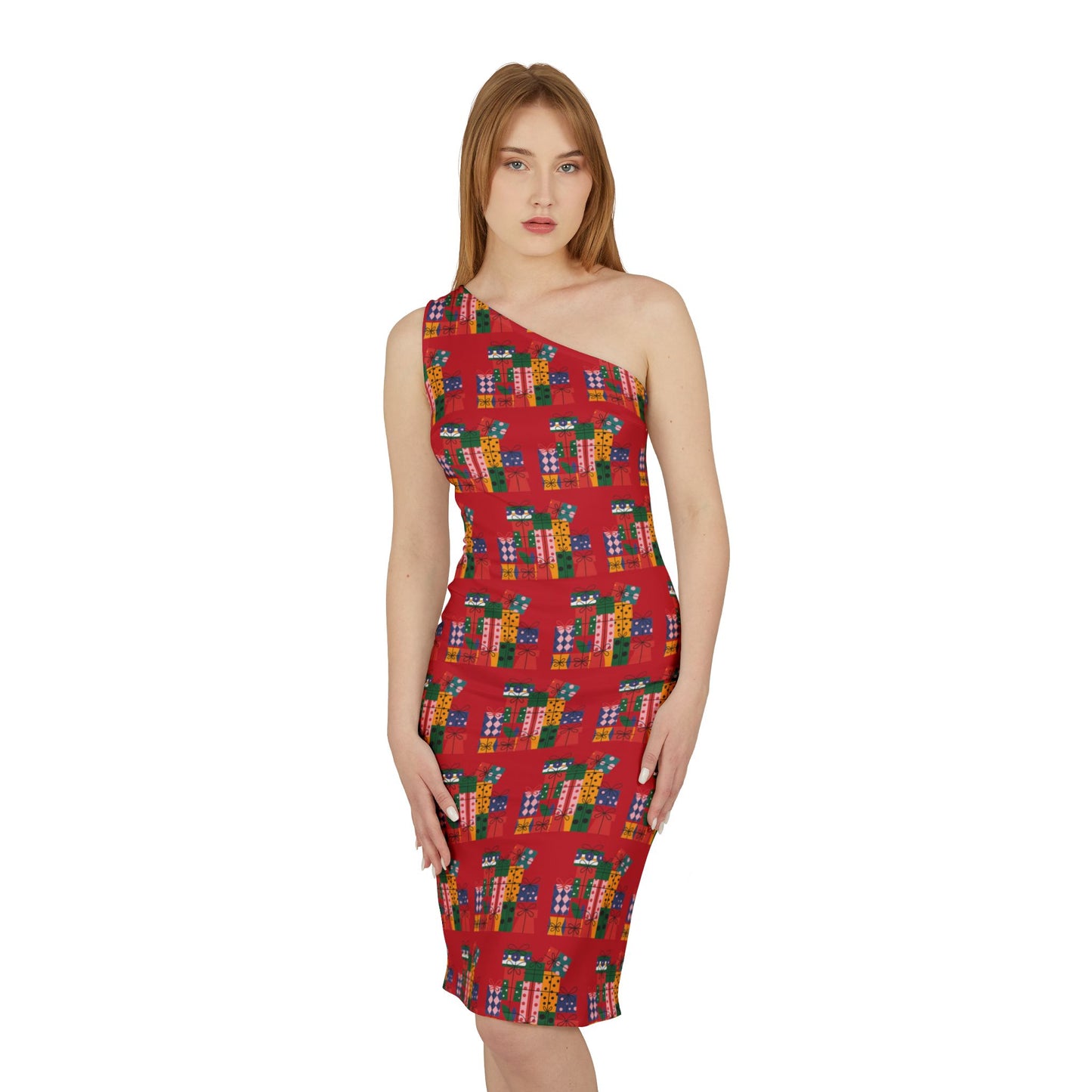 Festive Gift Print Shoulder Dress - Perfect for Holiday Celebrations