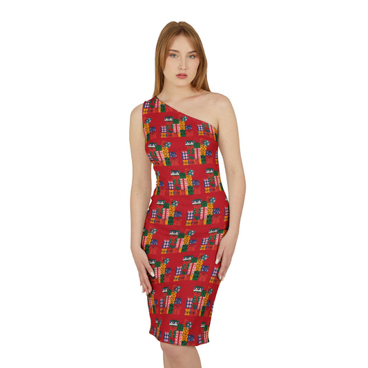 Festive Gift Print Shoulder Dress - Perfect for Holiday Celebrations