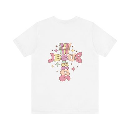 Her Adult Jersey Short Sleeve Tee - Pink "Jesus" Back Design