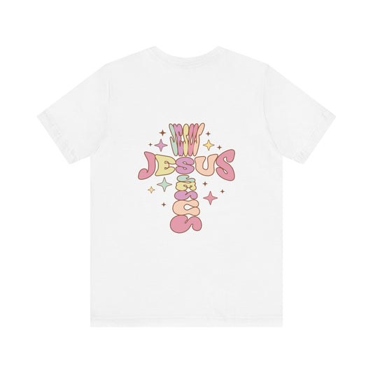 Her Adult Jersey Short Sleeve Tee - Pink "Jesus" Back Design